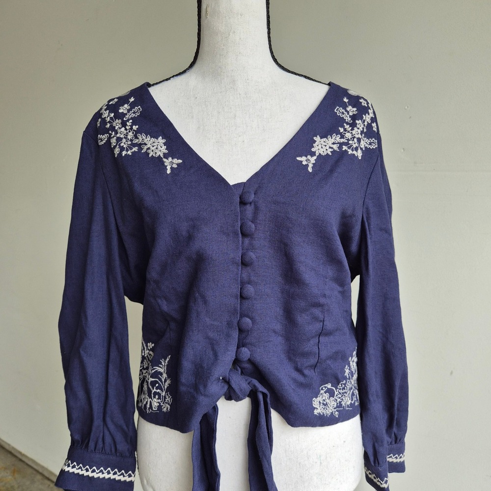 Rachel Zoe Embroidered Linen Top Womens Medium Cottagecore Boho Fairy‎ Coastal